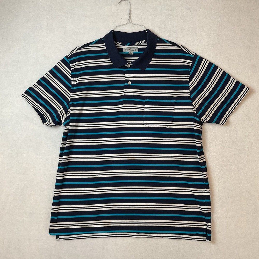 Sun River Clothing Co Polo Shirt Mens XL Blue White Striped Short Sleeve Knit